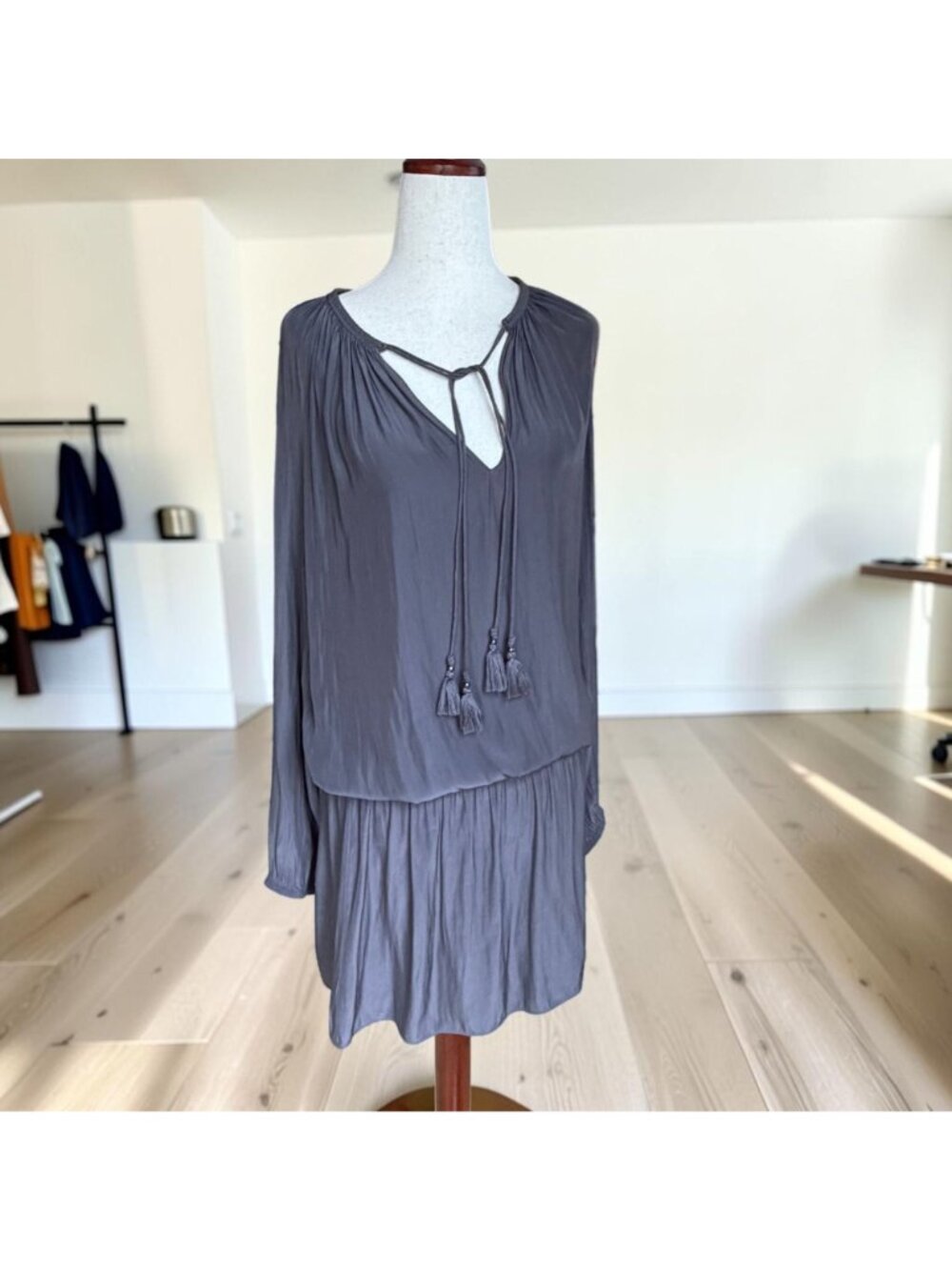Ramy Brook Paris Dress Small Gray Long Sleeve Tassel Tie Drop Waist Mini - Picture 2 of 7